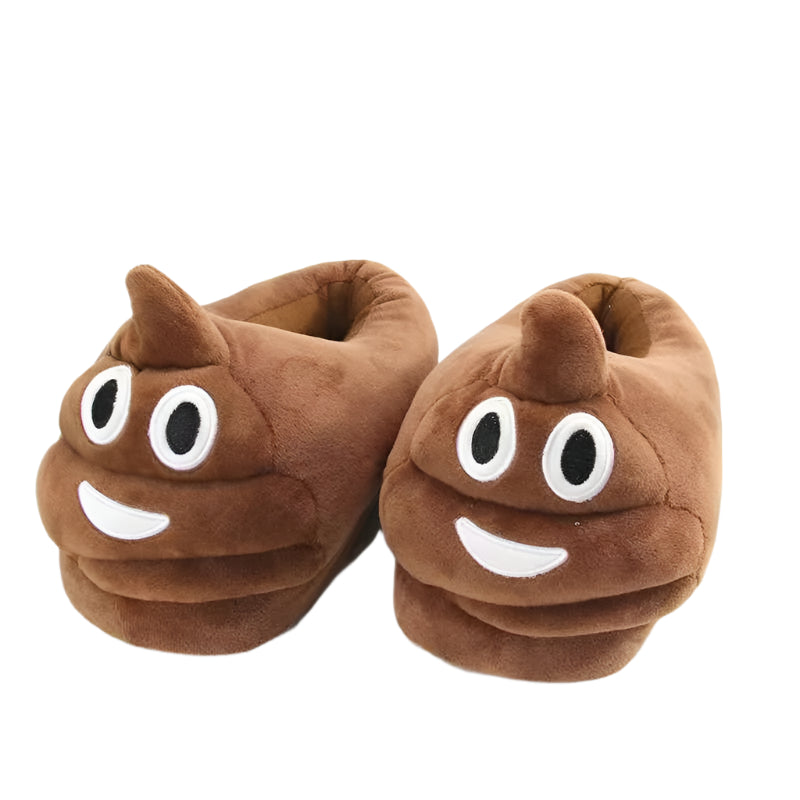 Brown poop emoji slippers on a white background