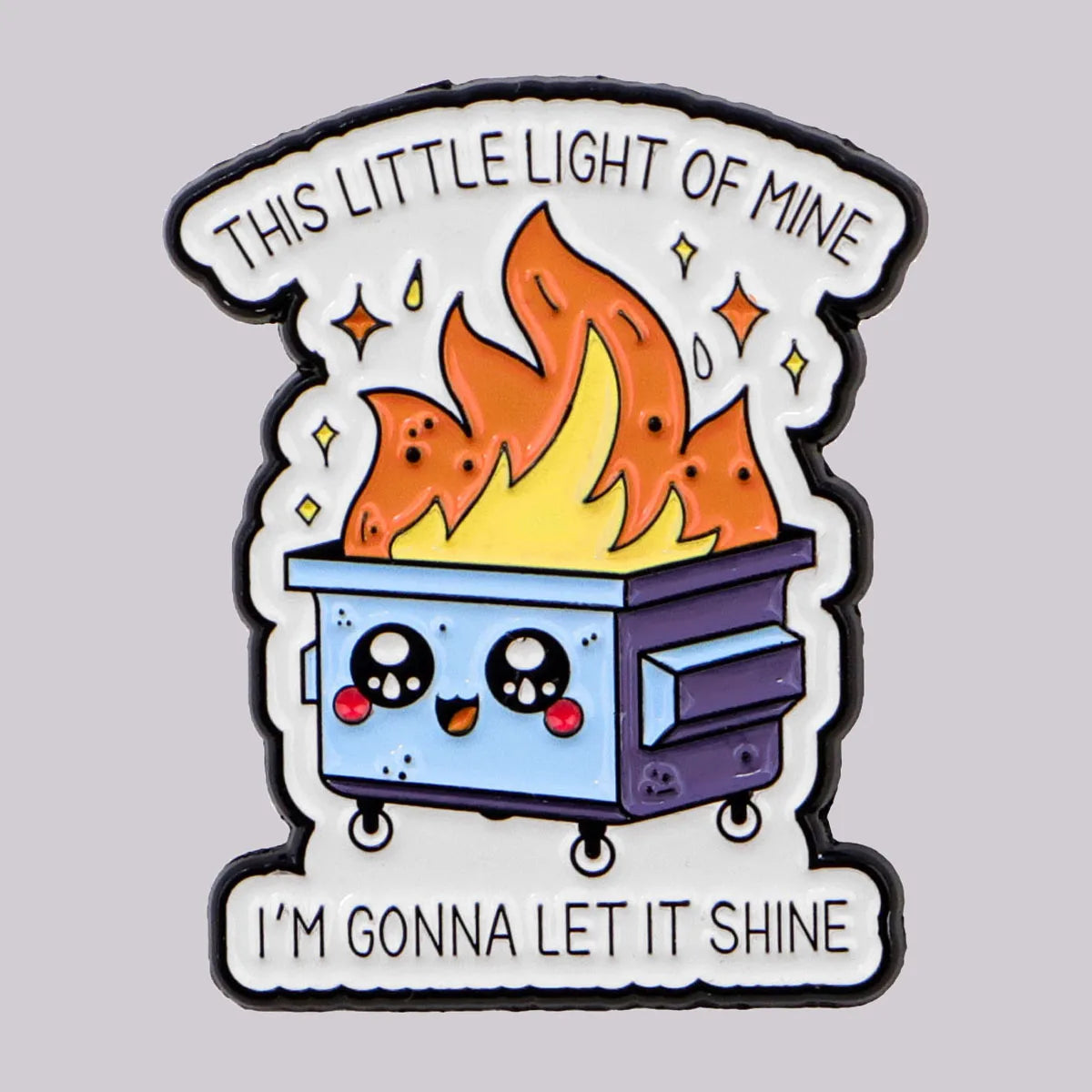 Colourful dumpster fire enamel pin front view