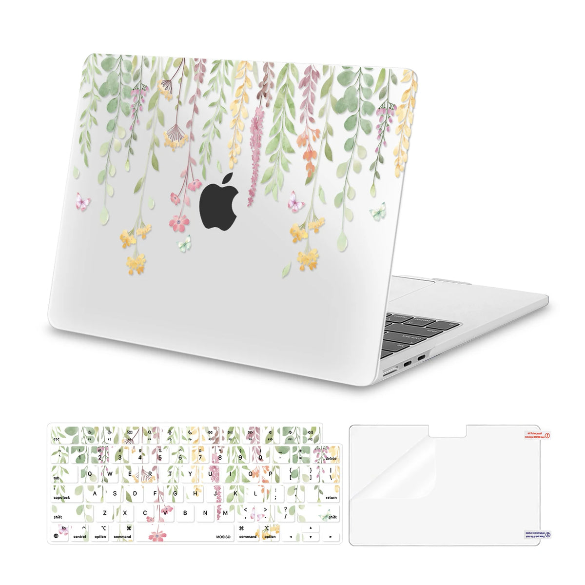 MOSISO MacBook hard-shell case with delicate green hanging foliage and small floral details on a white background, including a matching keyboard cover.