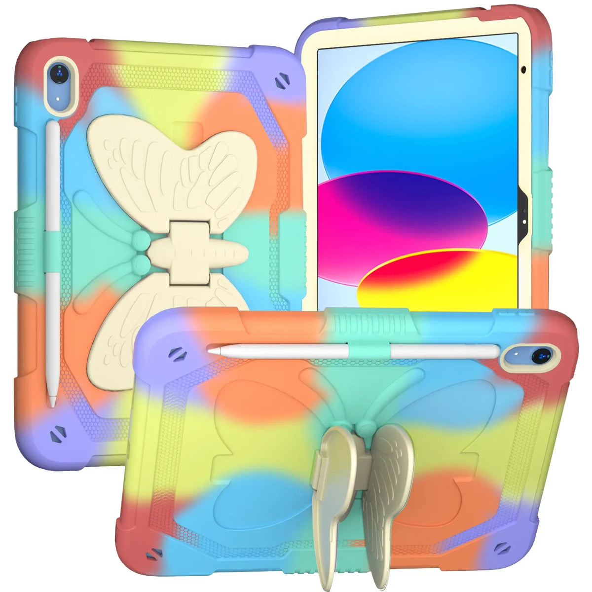 Multicolour butterfly iPad case showing the rear wing stand