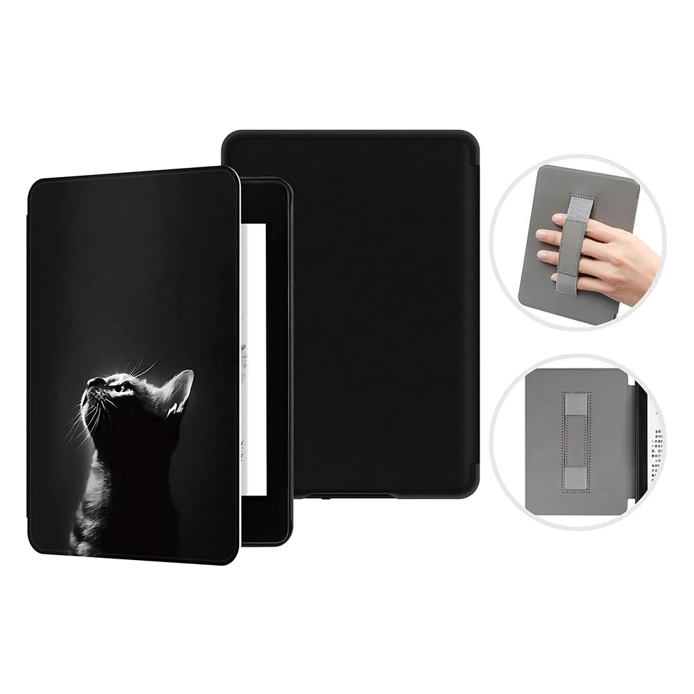 Black Kindle case with a cat design on a white background