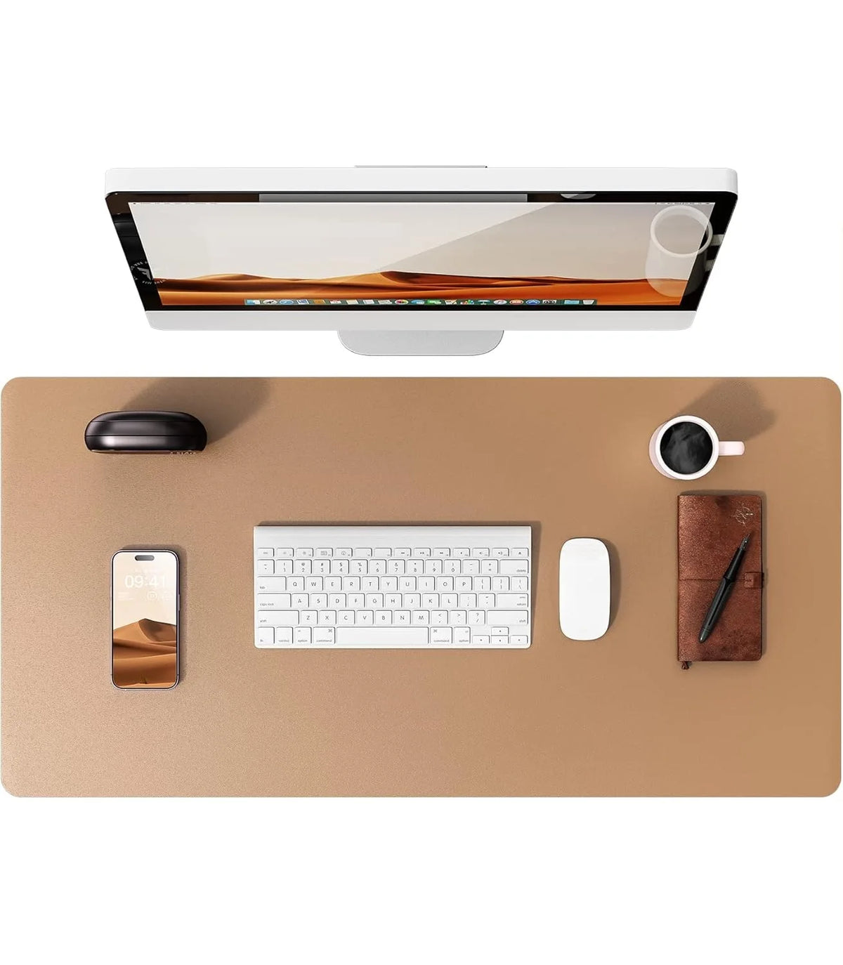 Tan PU leather desk mat with keyboard and mouse