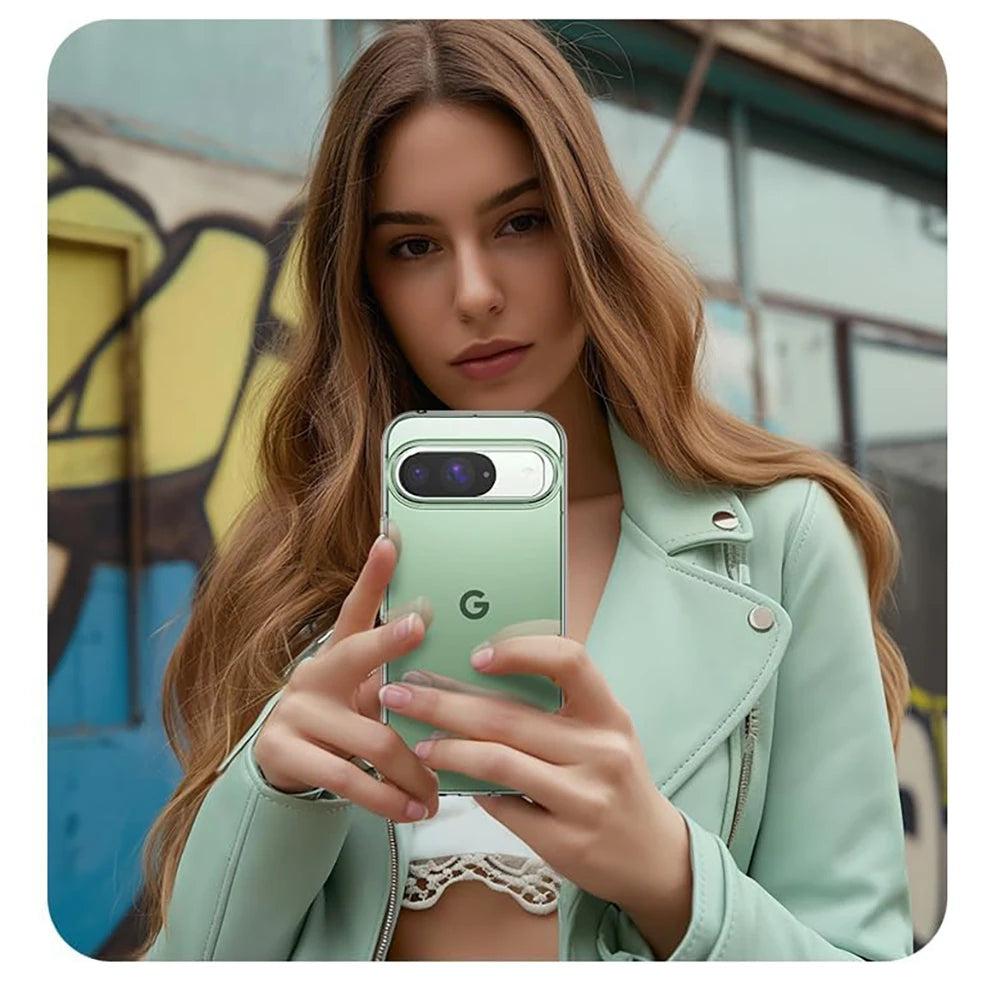 Woman holding a Google Pixel phone with clear silicone case