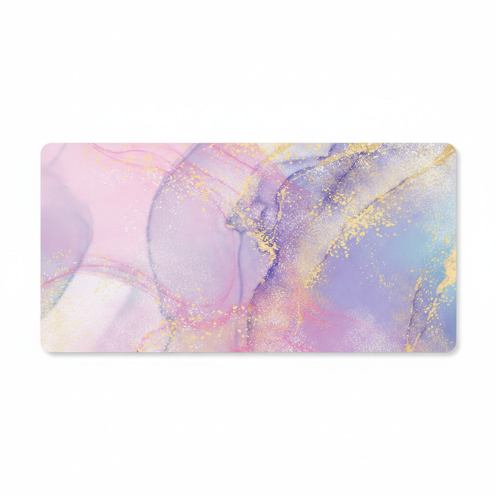 A rectangular desk mat with an abstract fluid art design in pastel pink, purple, and blue with gold glitter accents, shown on a white background.