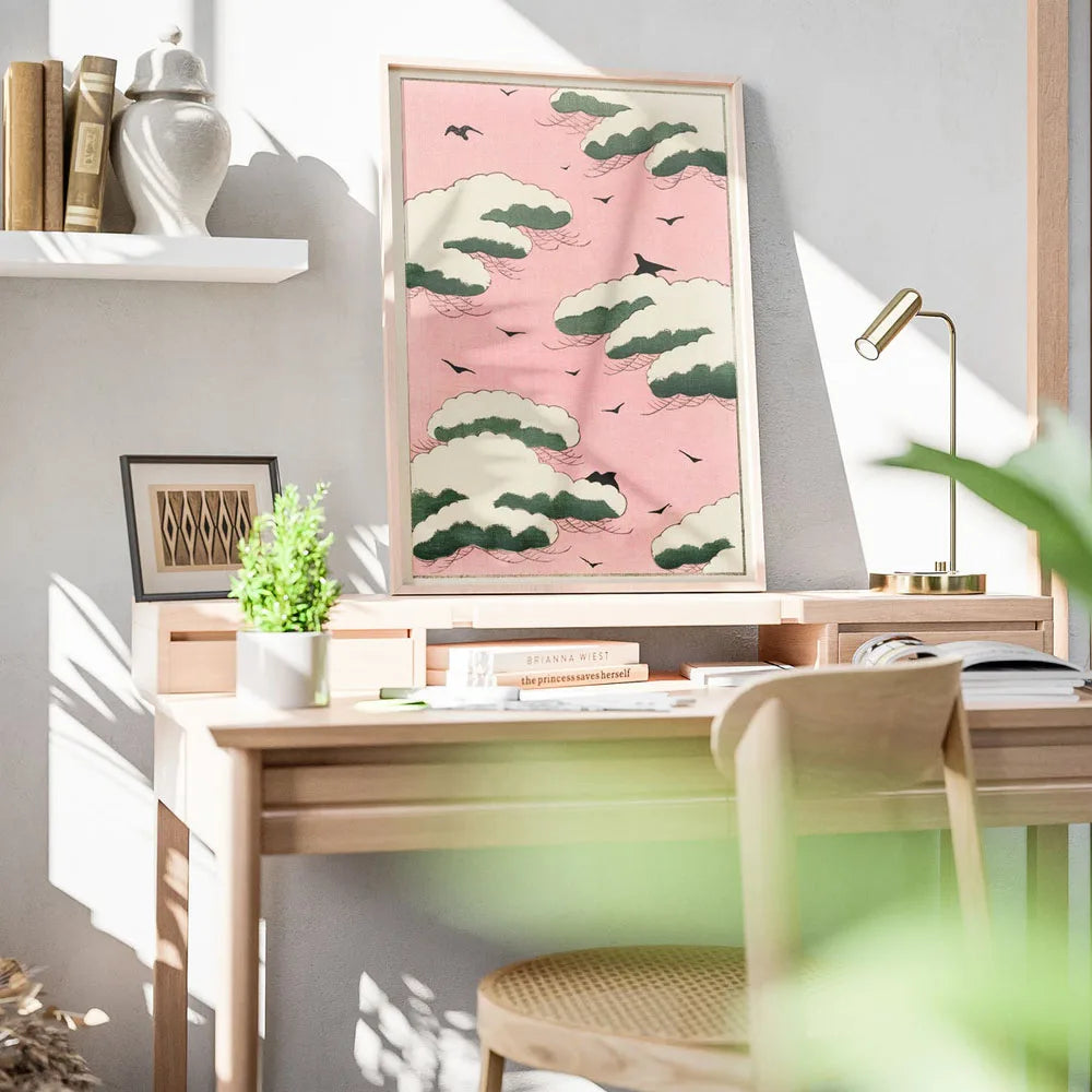 Pink and green abstract Japanese-inspired wall art canvas