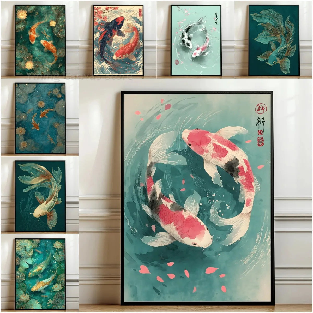 Framed artwork of koi fish with a smaller set of similar artworks on a wall.