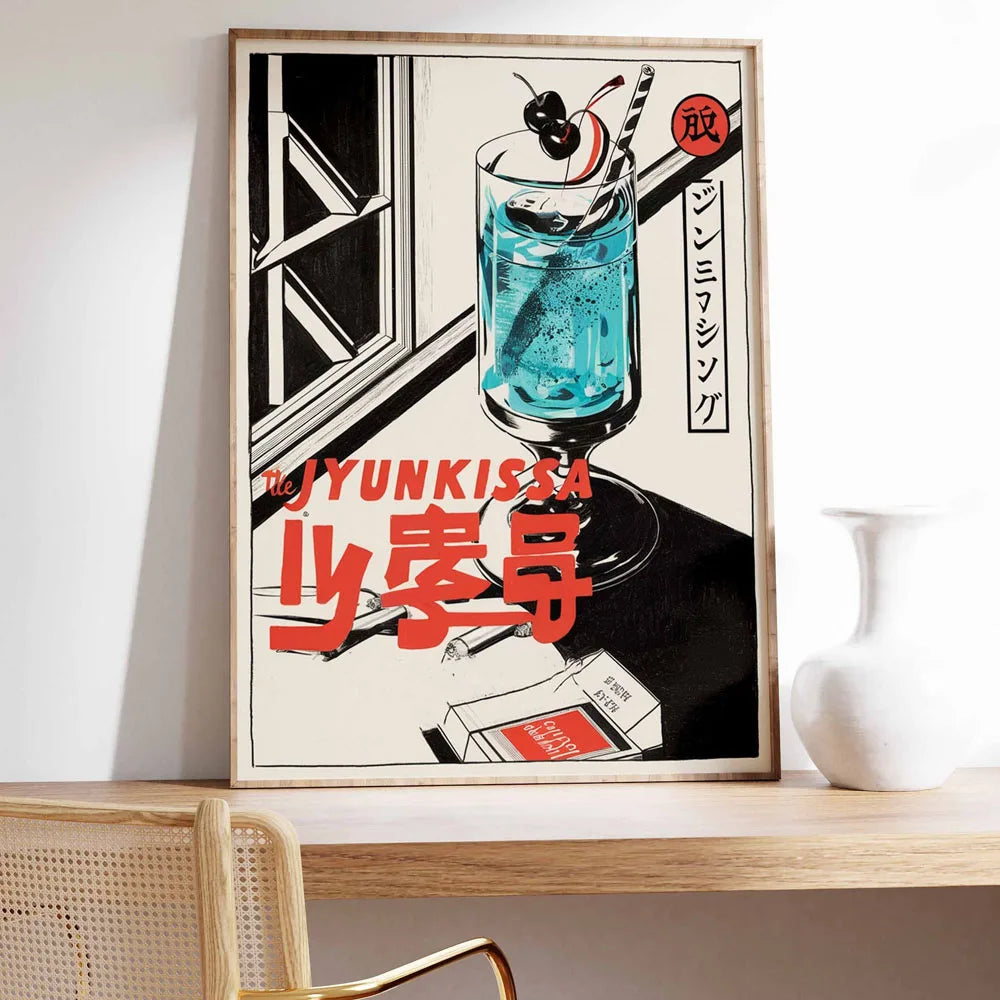 Framed poster of a blue cocktail with a cherry on a shelf with a chair and vase.