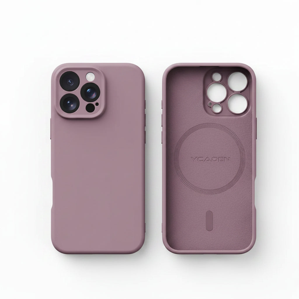 Mauve liquid silicone iPhone case showing front and rear