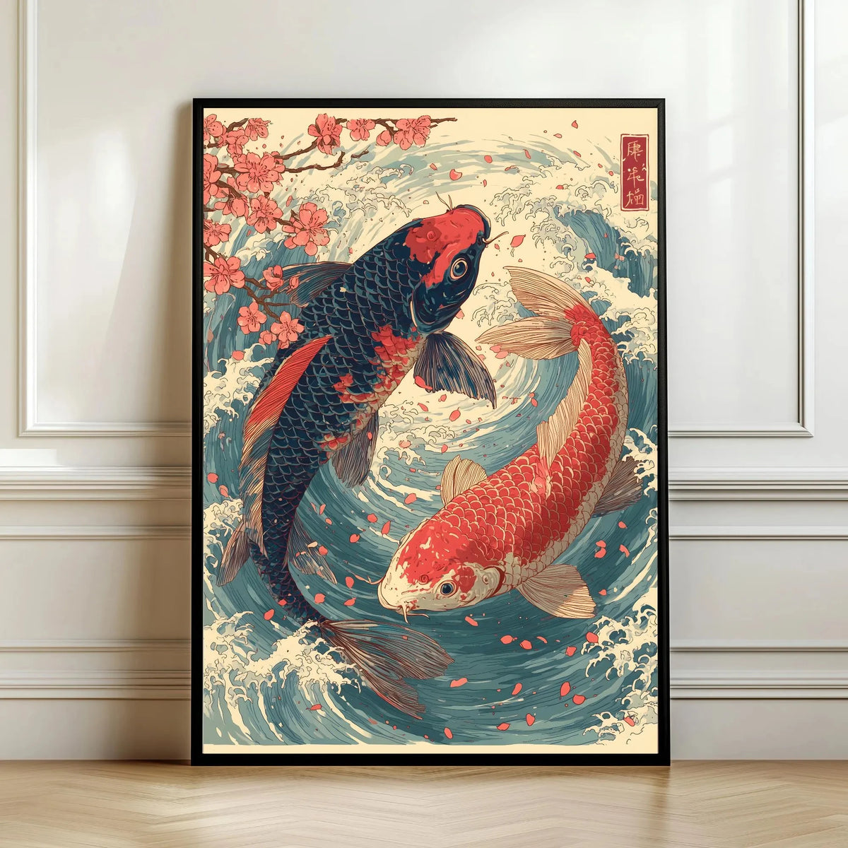 Framed artwork of two koi fish in water with cherry blossoms on a white wall.