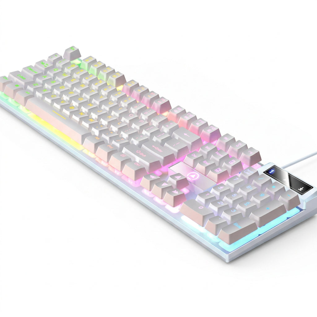 YINDIAO full-size wired gaming keyboard with white keycaps and multicolour backlighting