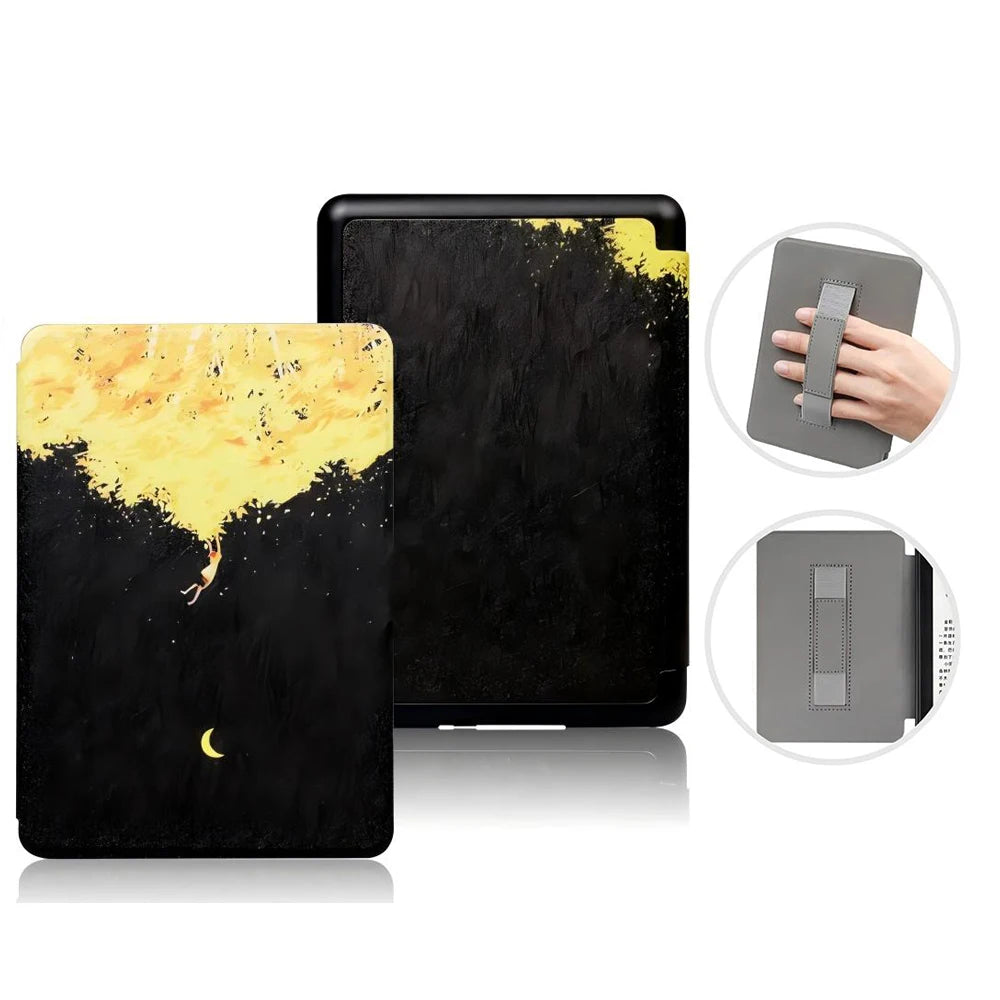 Black Kindle case with yellow abstract design and moon, held by a hand.