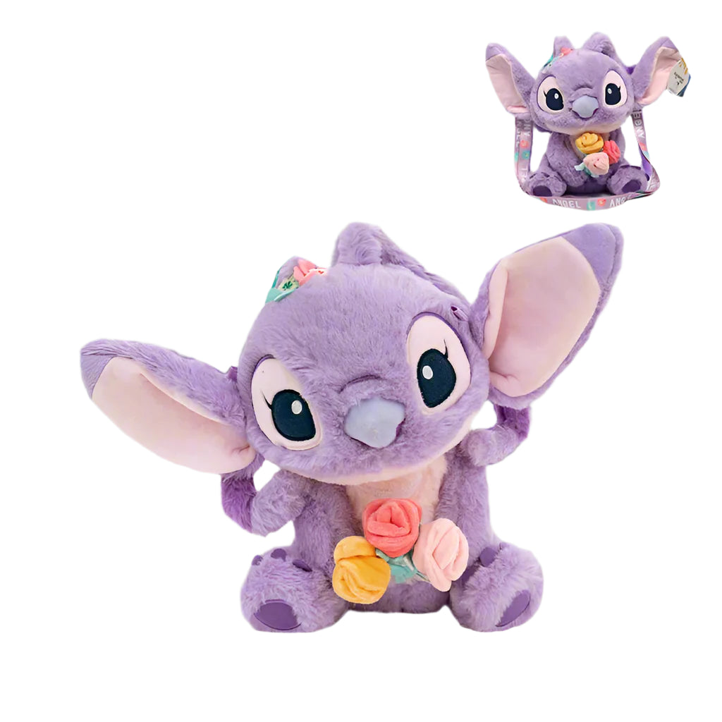 A plush toy of the Disney character Stitch, with a purple body and pink flower accents, sitting against a grey background.