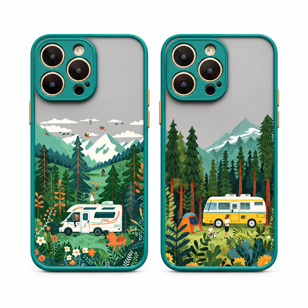 Two phone cases with a forest and camper illustration on a white background