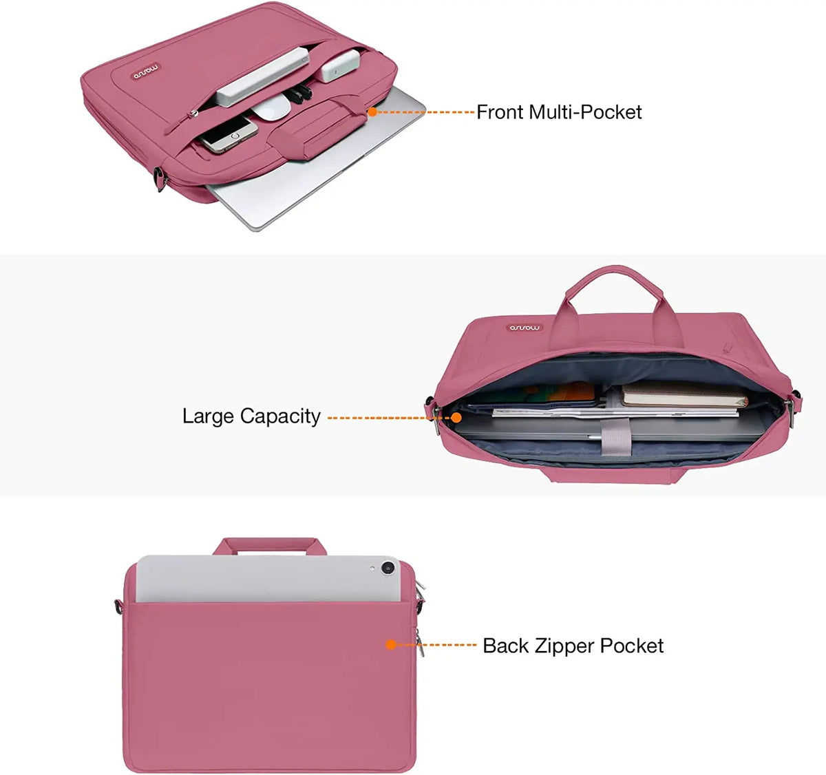 Pink MOSISO laptop shoulder bag showing compartments and dimensions