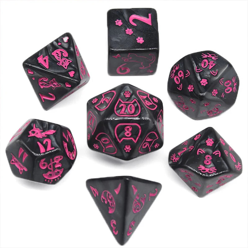 Black and Pink Cat 7pc Dice Set