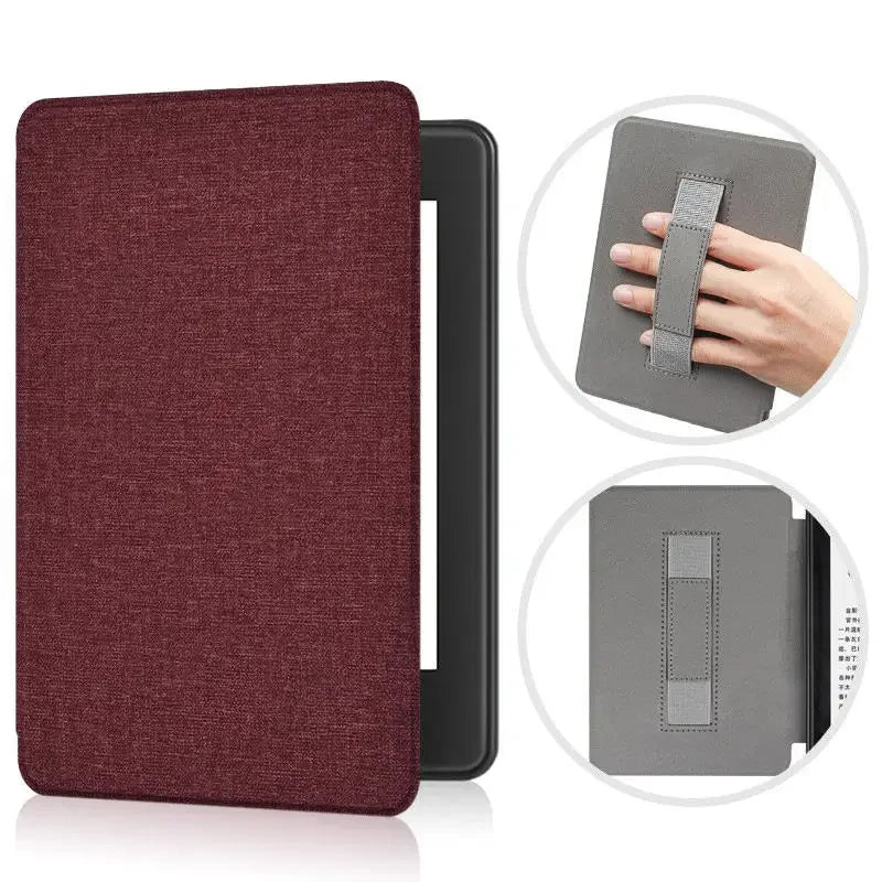 Maroon fabric case for a Kindle device with a gray strap, shown on a white background.