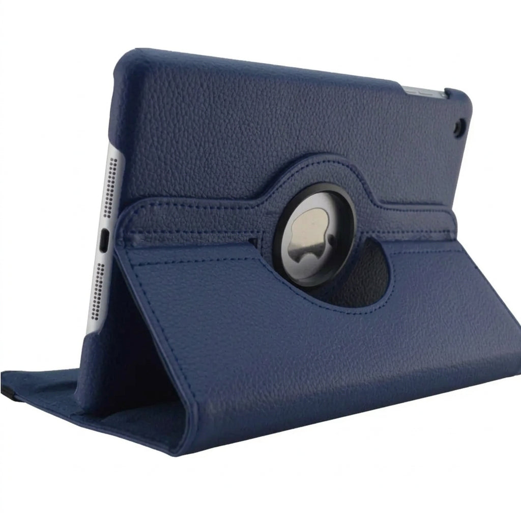 Navy blue rotating faux leather iPad case with folding stand