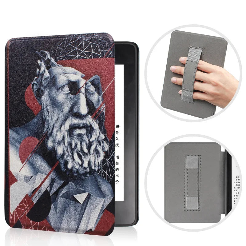 Kindle case with classical sculpture design and additional views of the case.