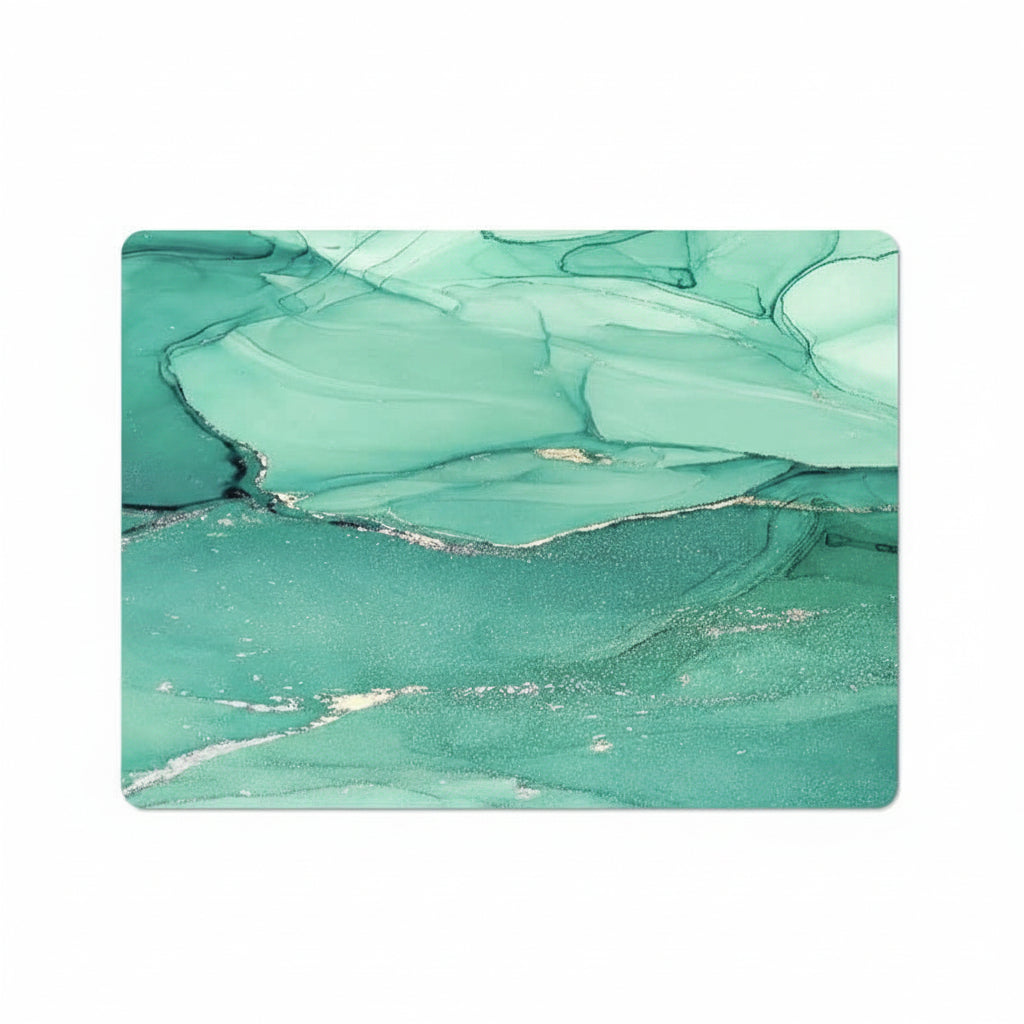 A rectangular desk mat with rounded corners featuring a green and teal marble pattern with metallic silver veins, shown on a plain white background.