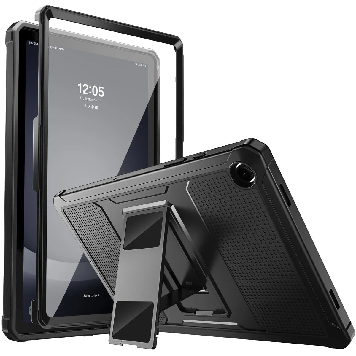 Black MoKo rugged armour case for Samsung Galaxy Tab A9+ with built-in kickstand