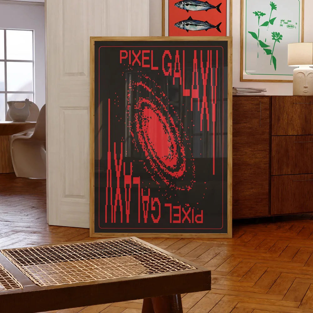 Framed artwork with 'Pixel Galaxy' design in a room setting
