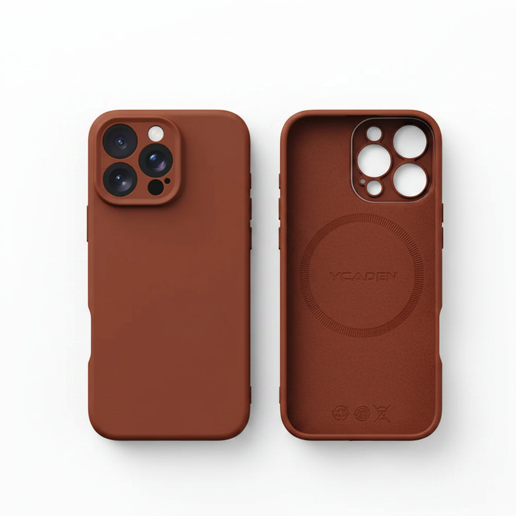 Brown liquid silicone iPhone case with raised camera protection