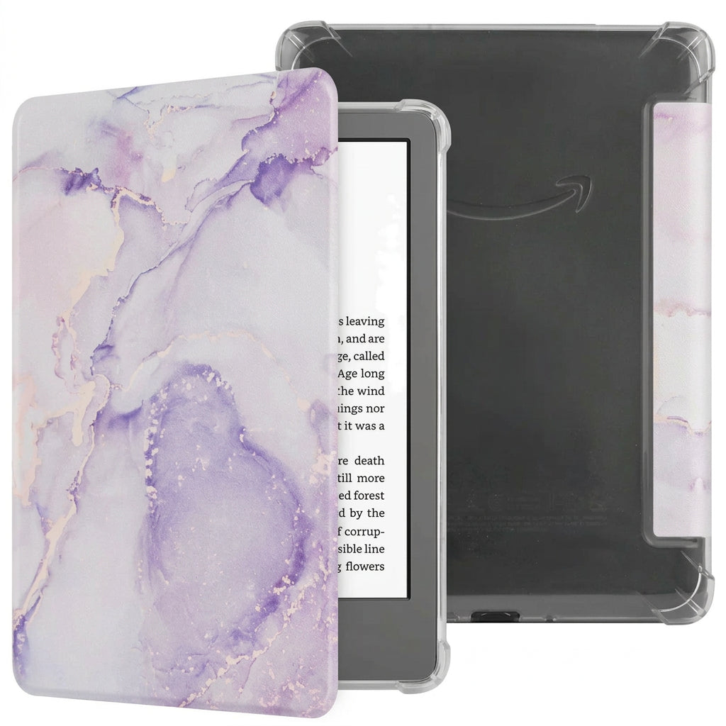 Kindle folio case with a purple and white marble-inspired pattern.