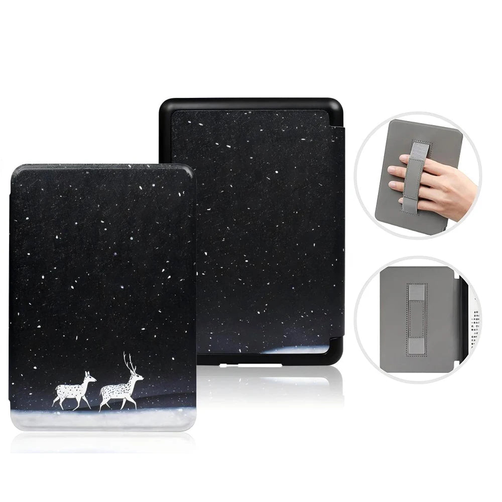 Black starry sky design Kindle case with deer illustration on a white background