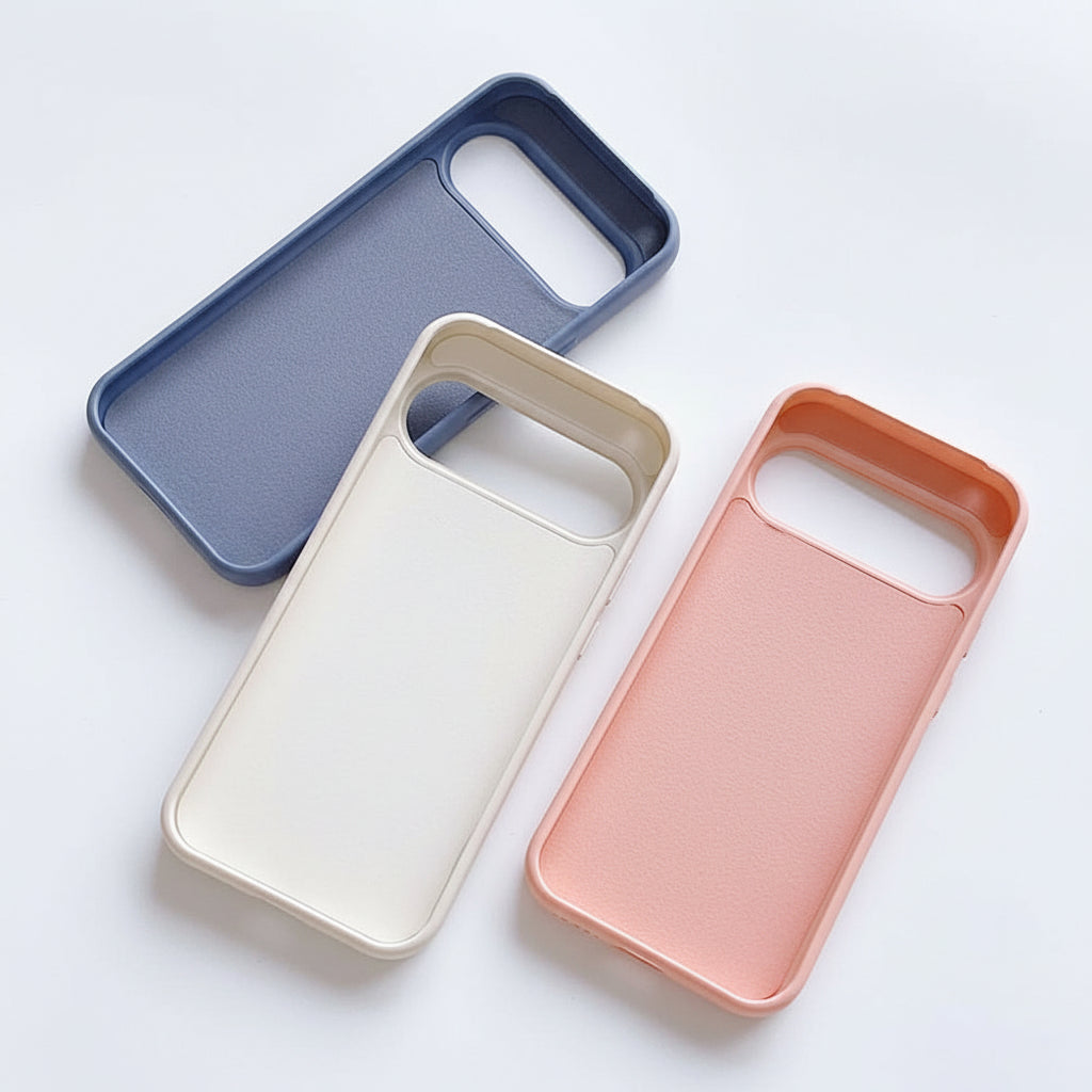 Three minimalist phone cases with a matte, textured finish in navy blue, cream, and soft peach pink, arranged diagonally on a clean white background.
