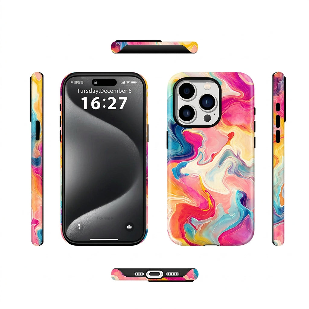 Smartphone with colorful marble patterned case on a white background