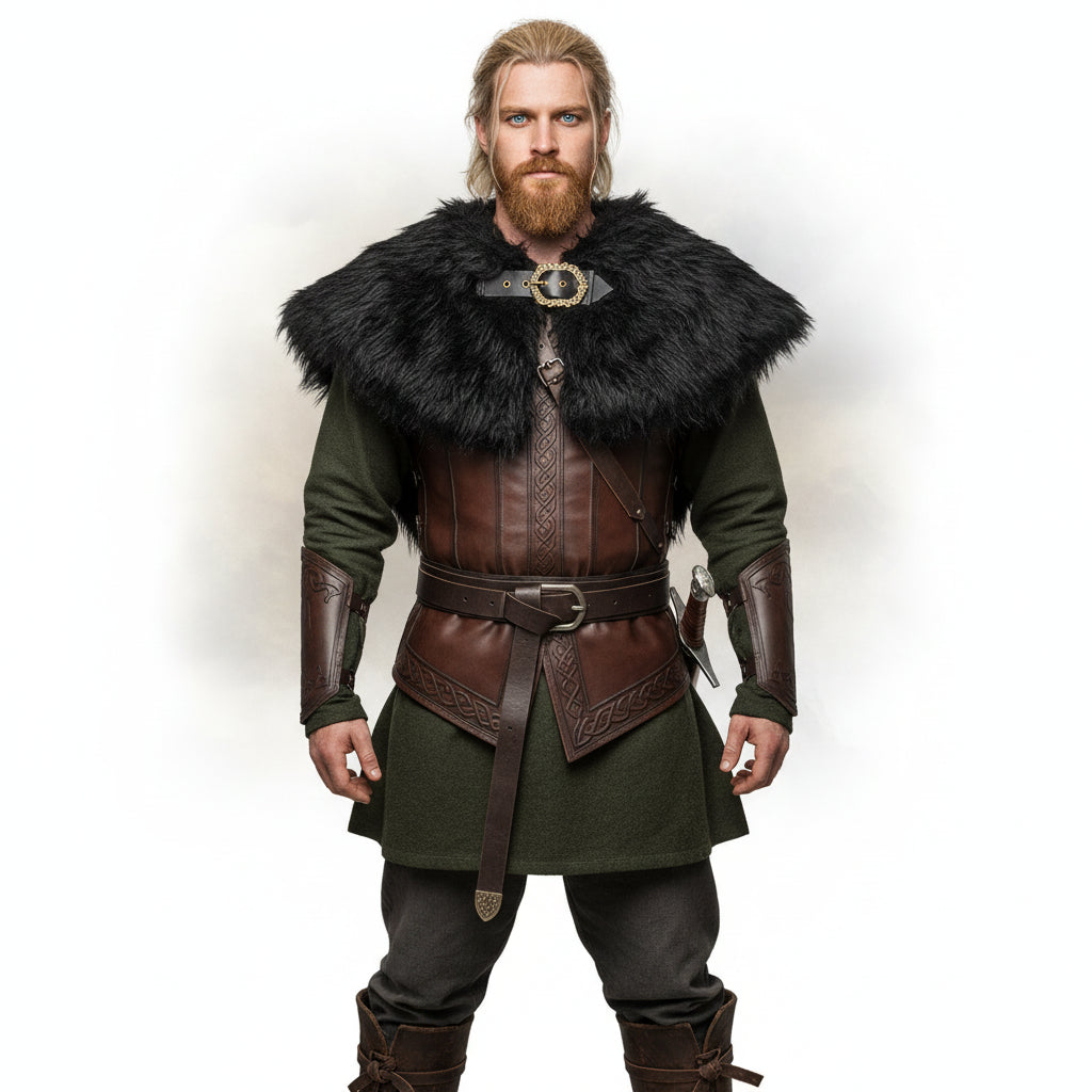 Viking faux fur collar costume cloak for men