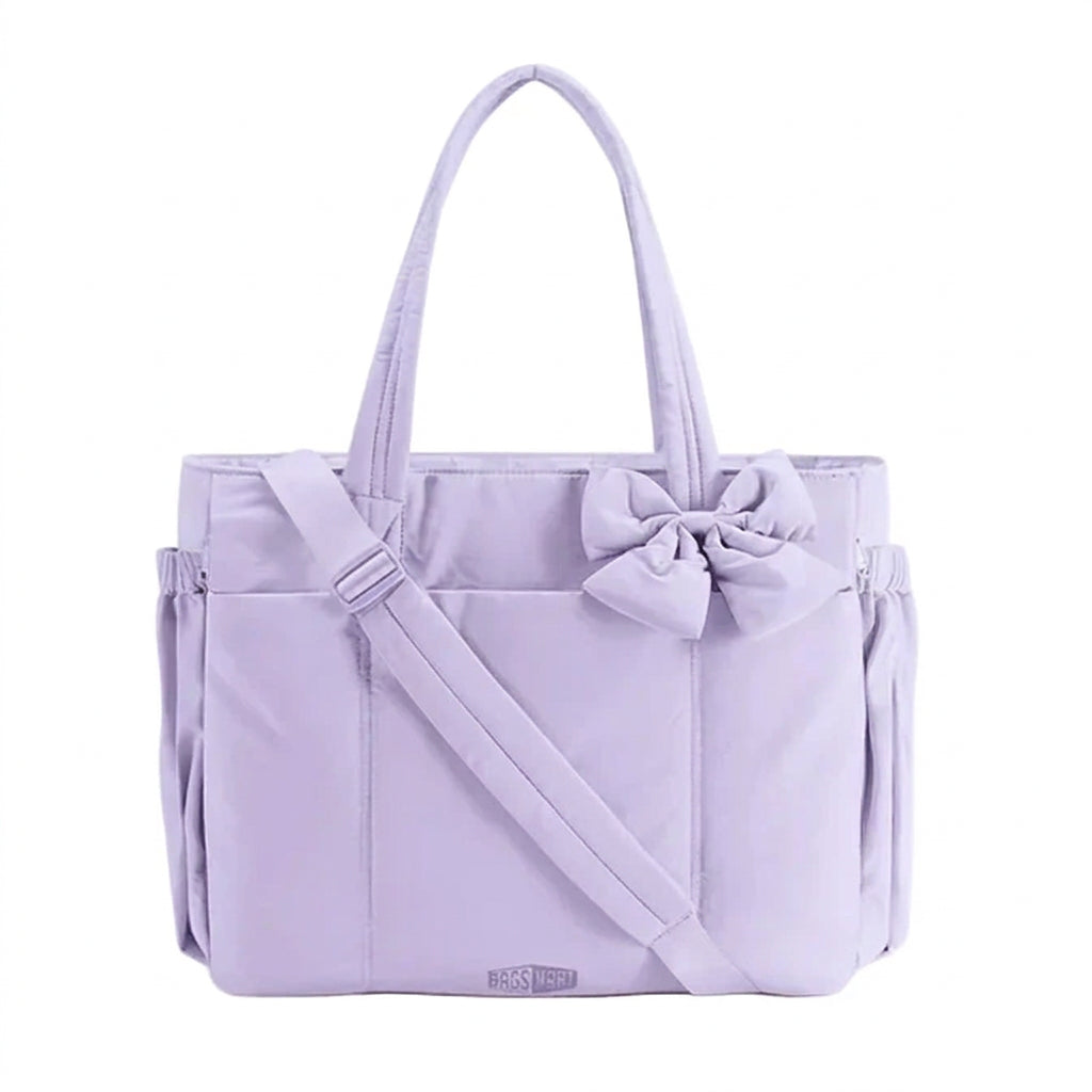 BAGSMART lavender tote bag with decorative bow and padded handles