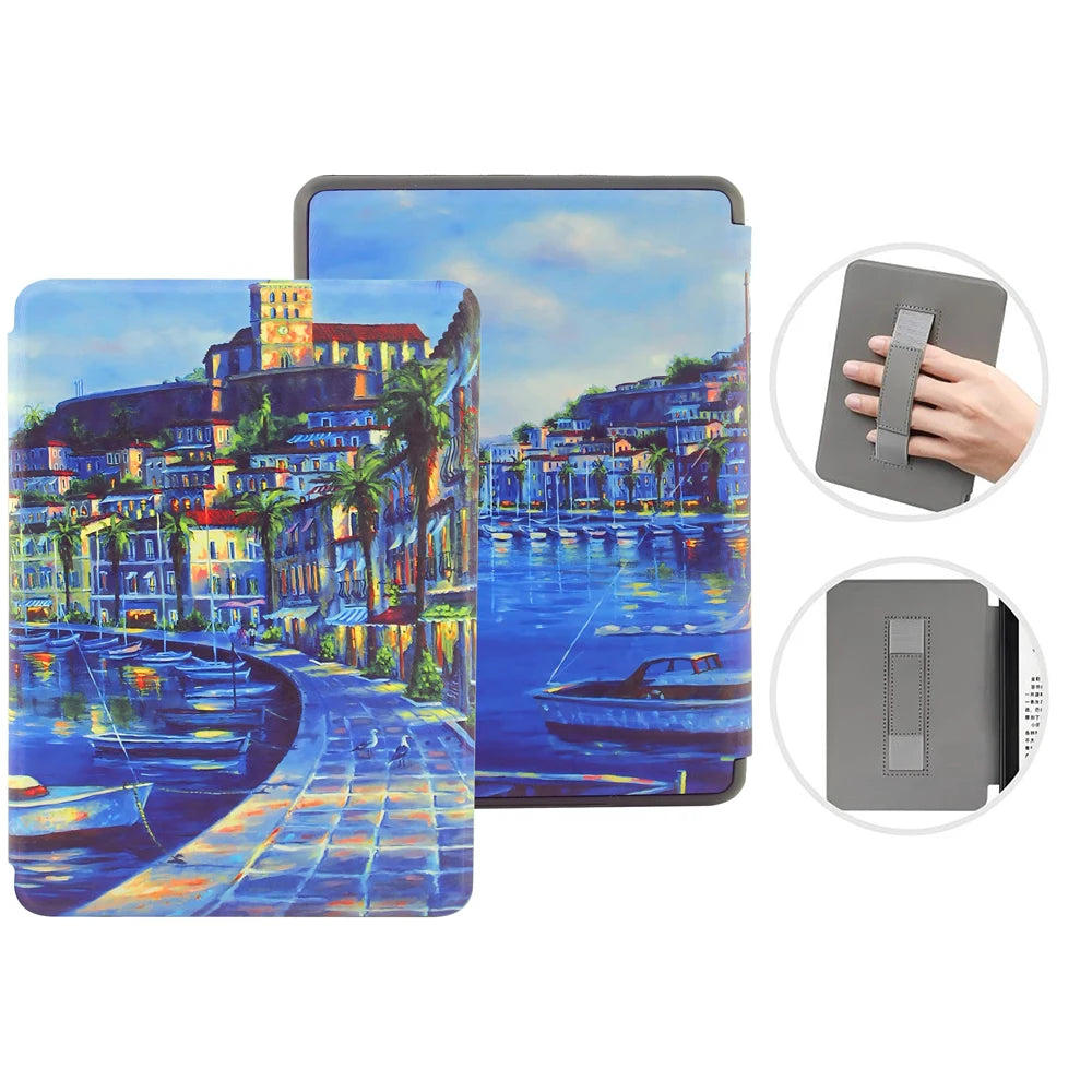 Kindle case with a scenic design of a coastal town at night, held by a hand.