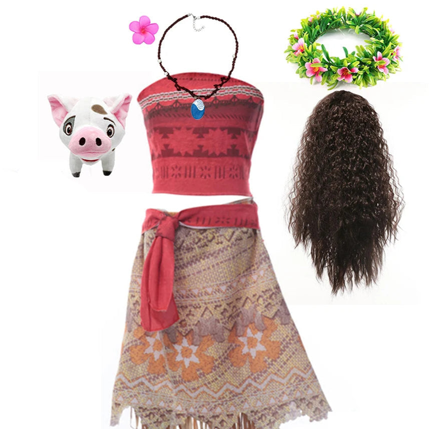 A kids' costume inspired by Disney's Moana, including a pink top with red and black patterns, a floral skirt, a wig with a flower, a necklace, a hair wreath, a hair flower, and a pig accessory.