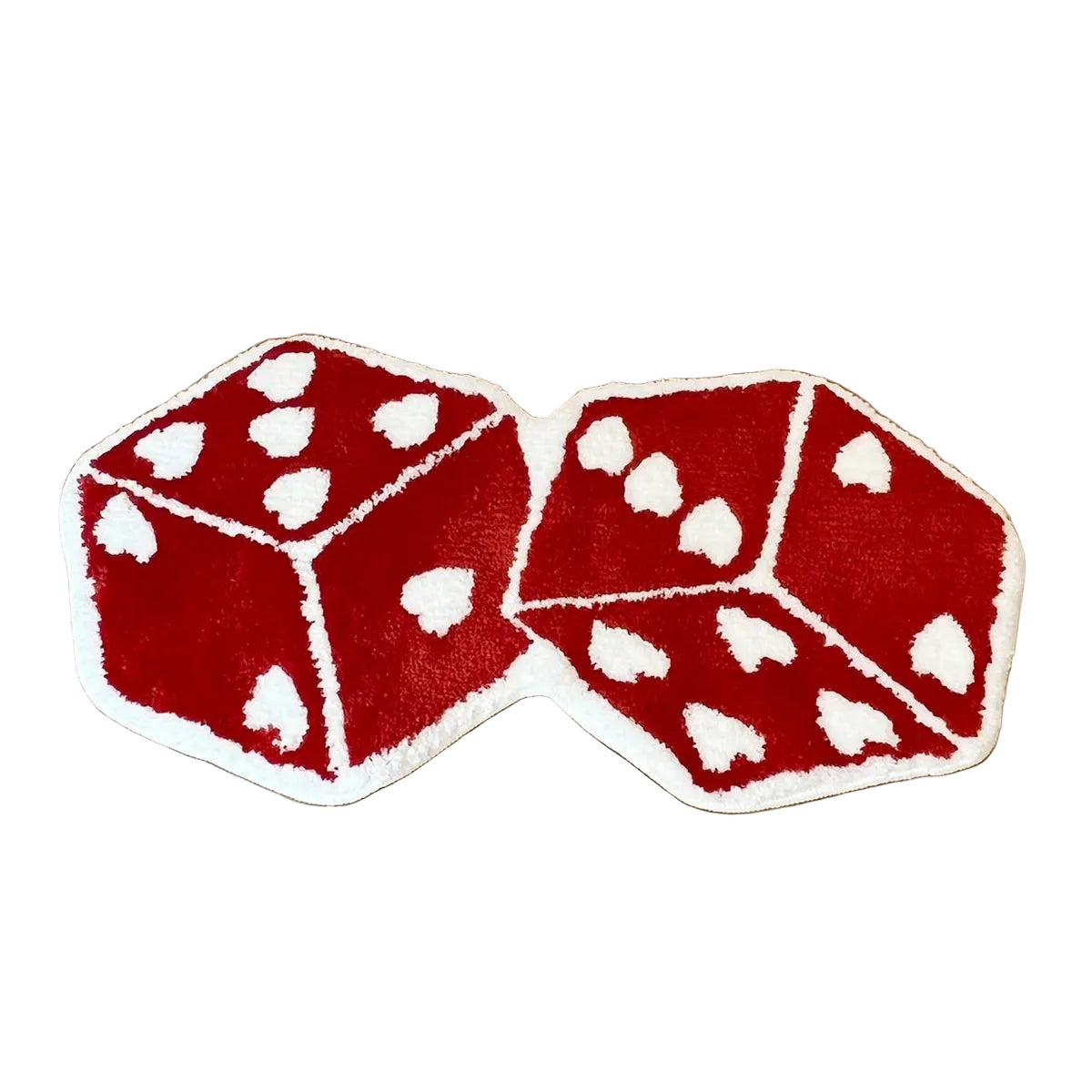 Red double-dice gaming rug shown flat with two connected dice shapes