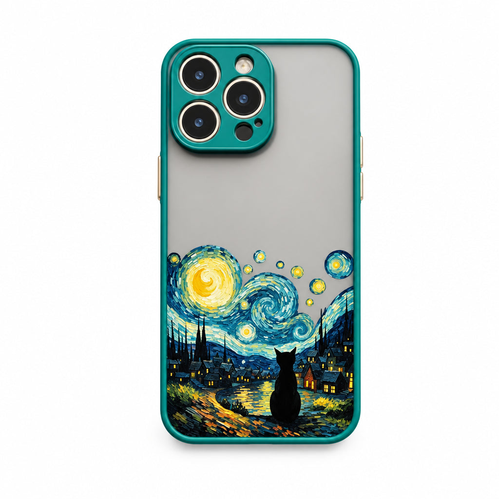Phone case with of black cat in front of starry sky white background
