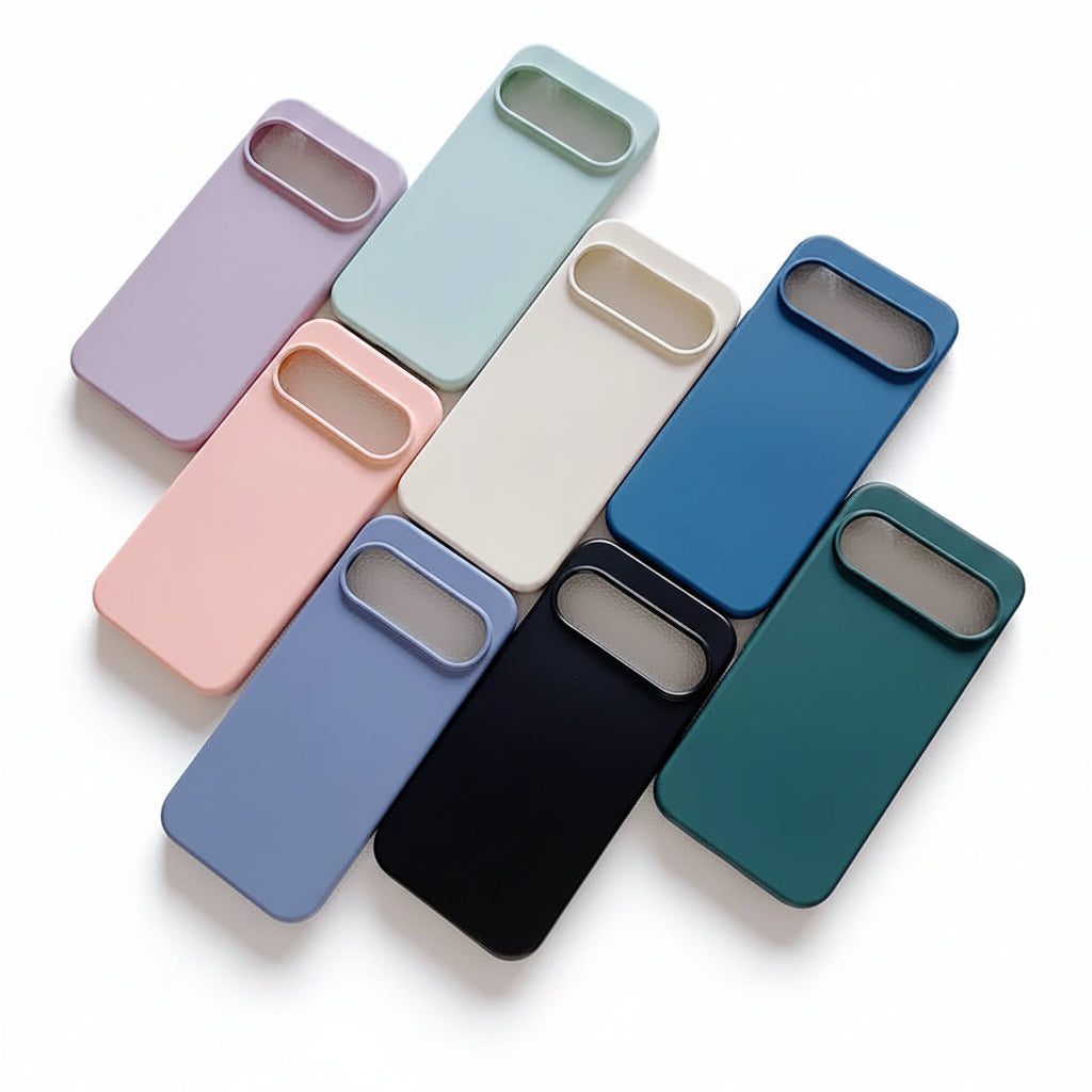 Seven matte phone cases in assorted colors, including lavender, mint, cream, blue, teal, light blue, and black, arranged in a fan shape on a white background.