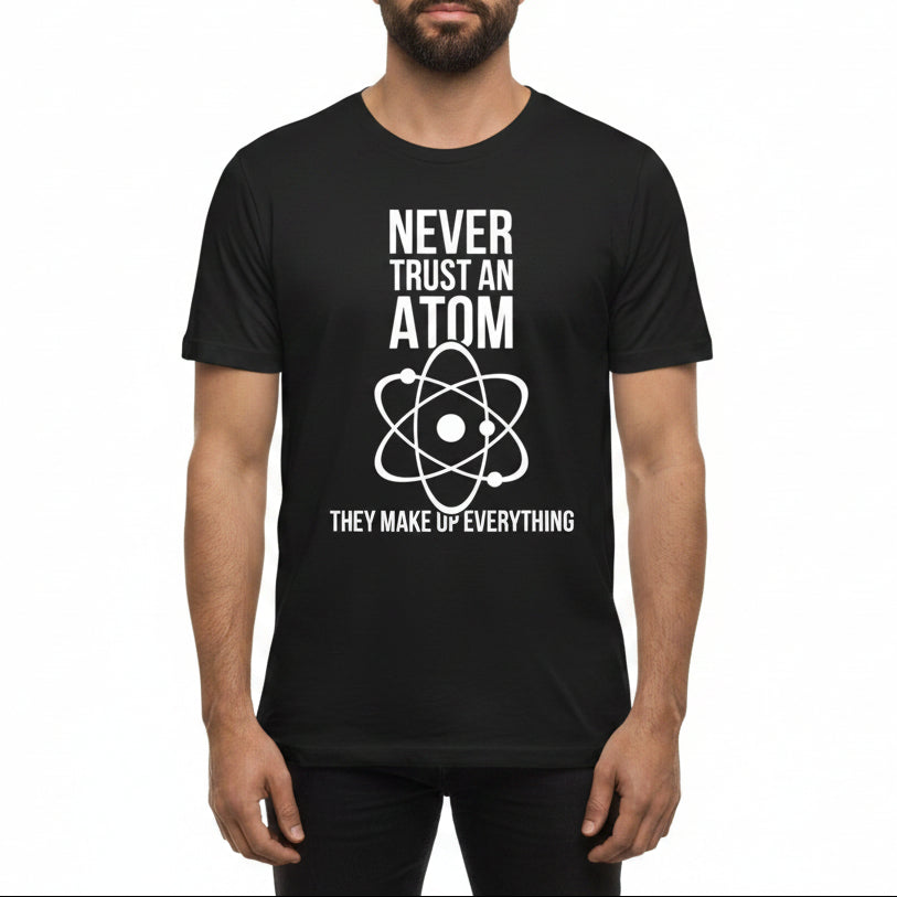 Never Trust an Atom men's science graphic T-shirt in black