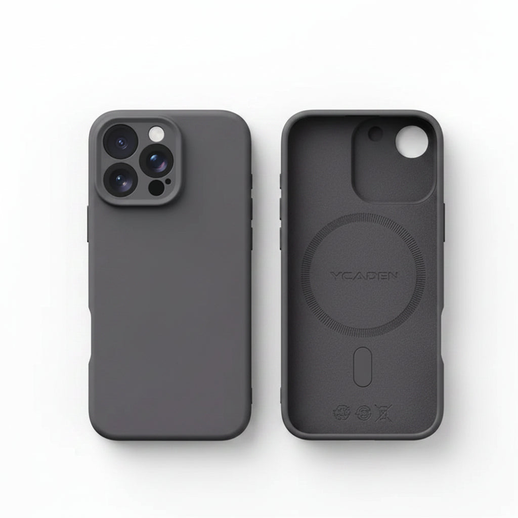 Dark grey liquid silicone iPhone case showing front and rear