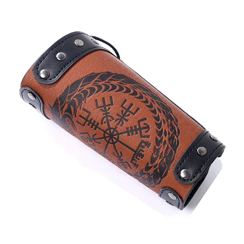 Brown Viking costume arm guard with geometric Norse compass motif and black studded straps