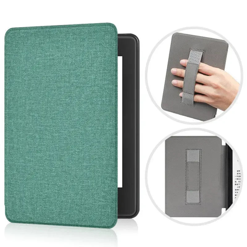 Green fabric case for a Kindle device with a close-up of a gray strap, on a white background.