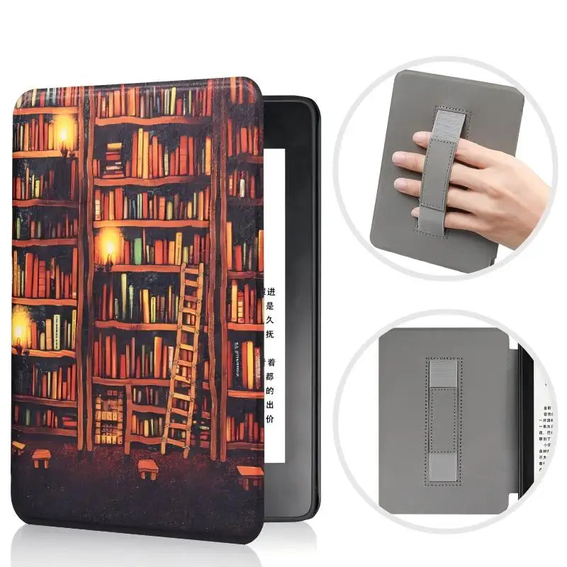 Bookshelf design Kindle case for a device with a hand holding the case inset.