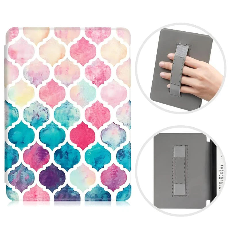 Colorful geometric patterned Kindle case with gray handle and strap on a white background