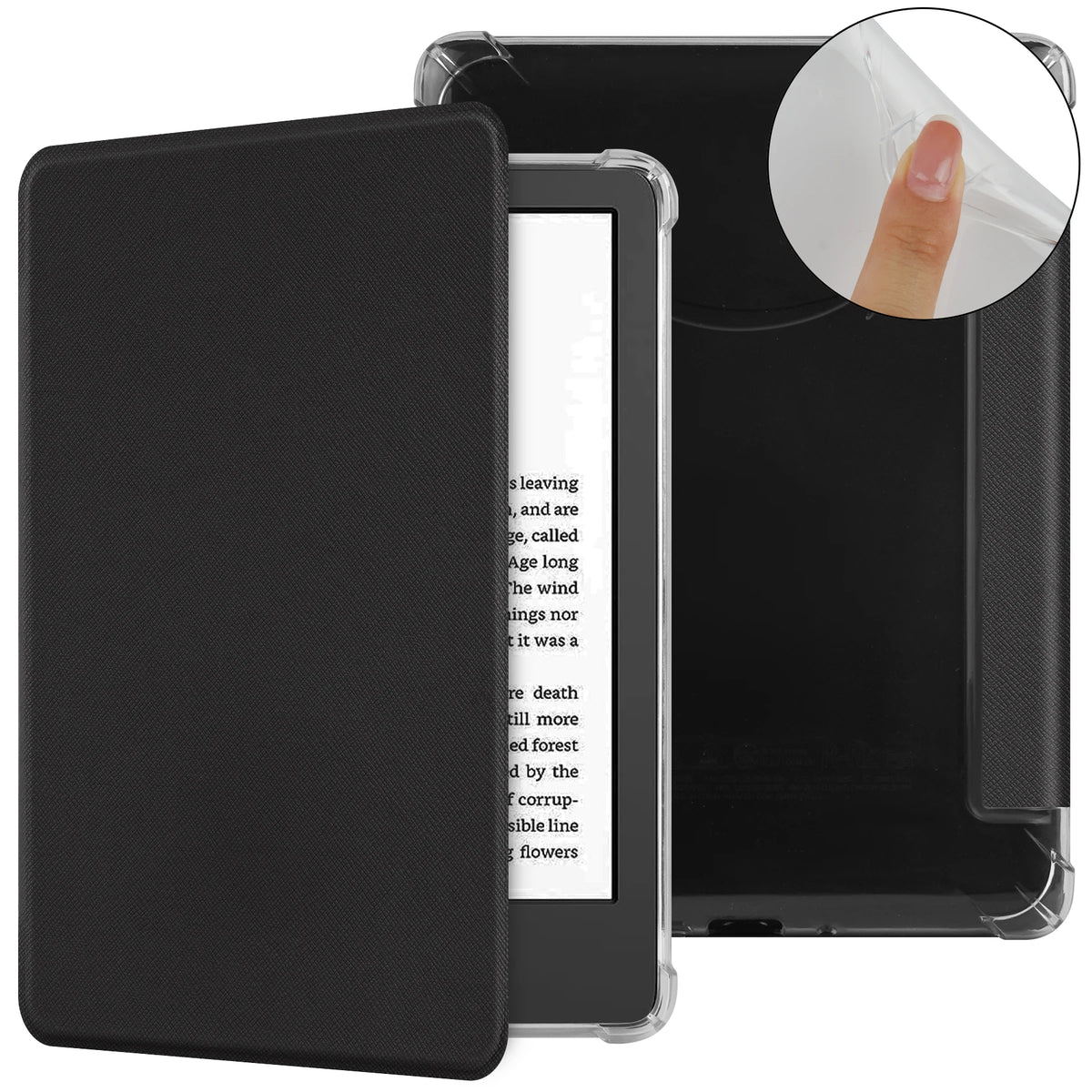 Black Kindle e-reader case with auto wake and sleep function