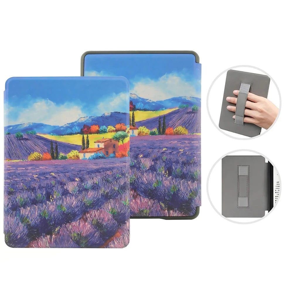 Kindle case with lavender field design on a white background