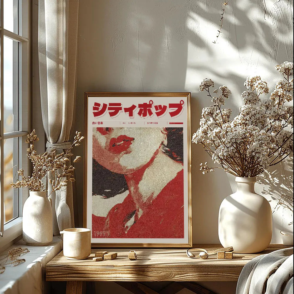Japanese City Pop portrait wall art canvas in red and cream