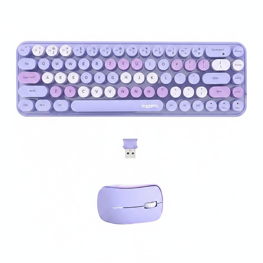 Purple keyboard and mouse set on a white background