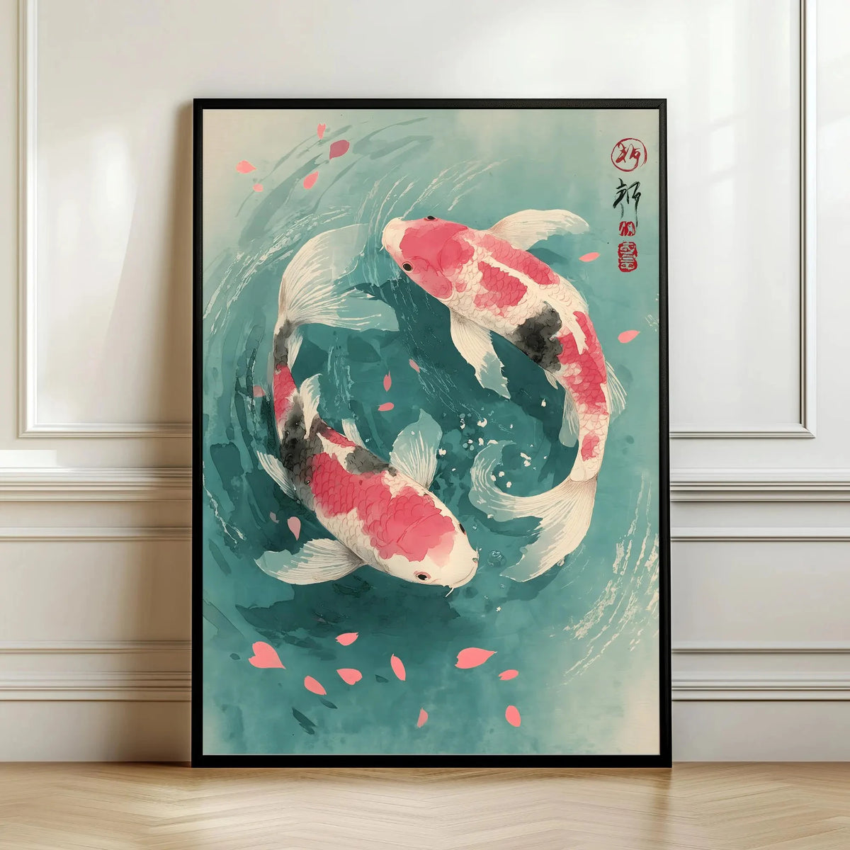 Framed artwork of two koi fish in water with pink petals on a light-colored wall.