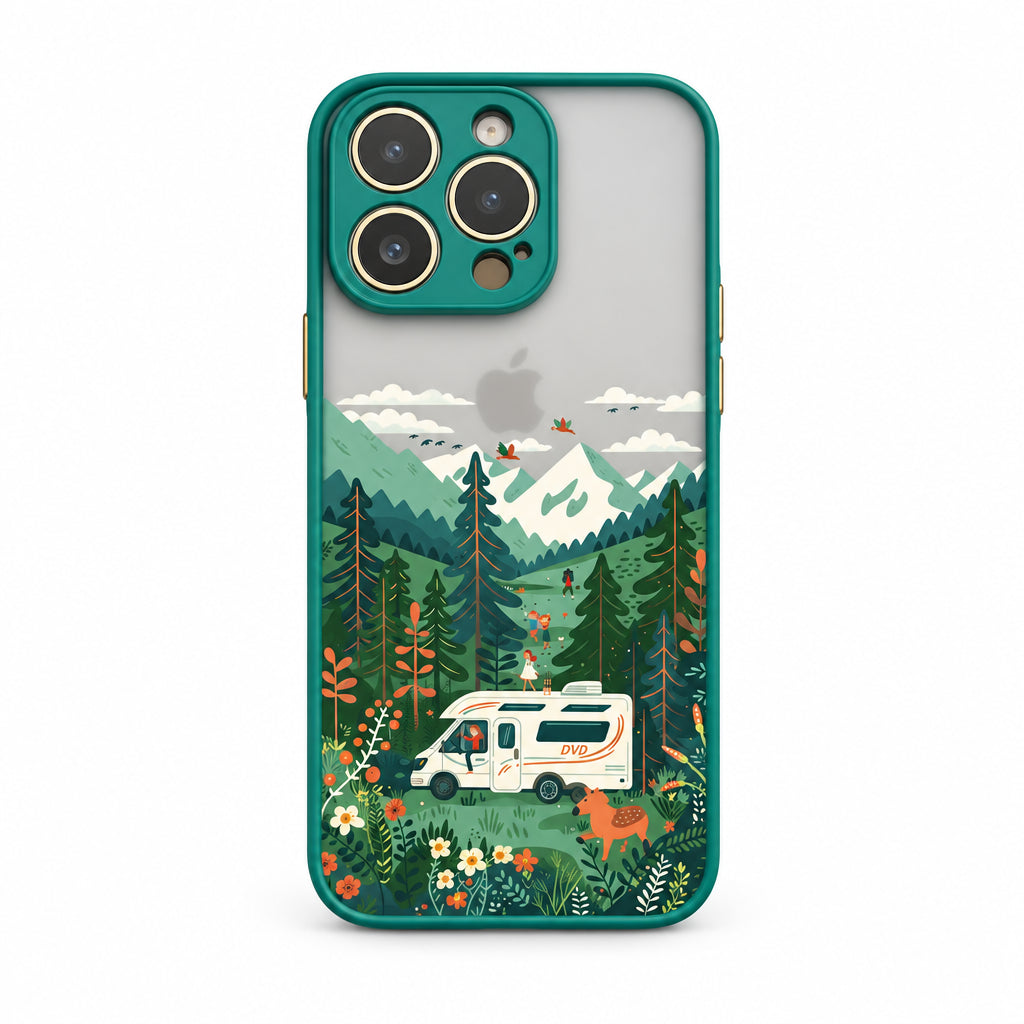 Phone case with a scenic design of a forest and camper van on a white background
