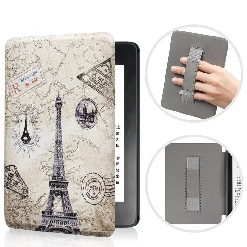 Vintage-style Eiffel Tower design Kindle case with map and stamps on a white background